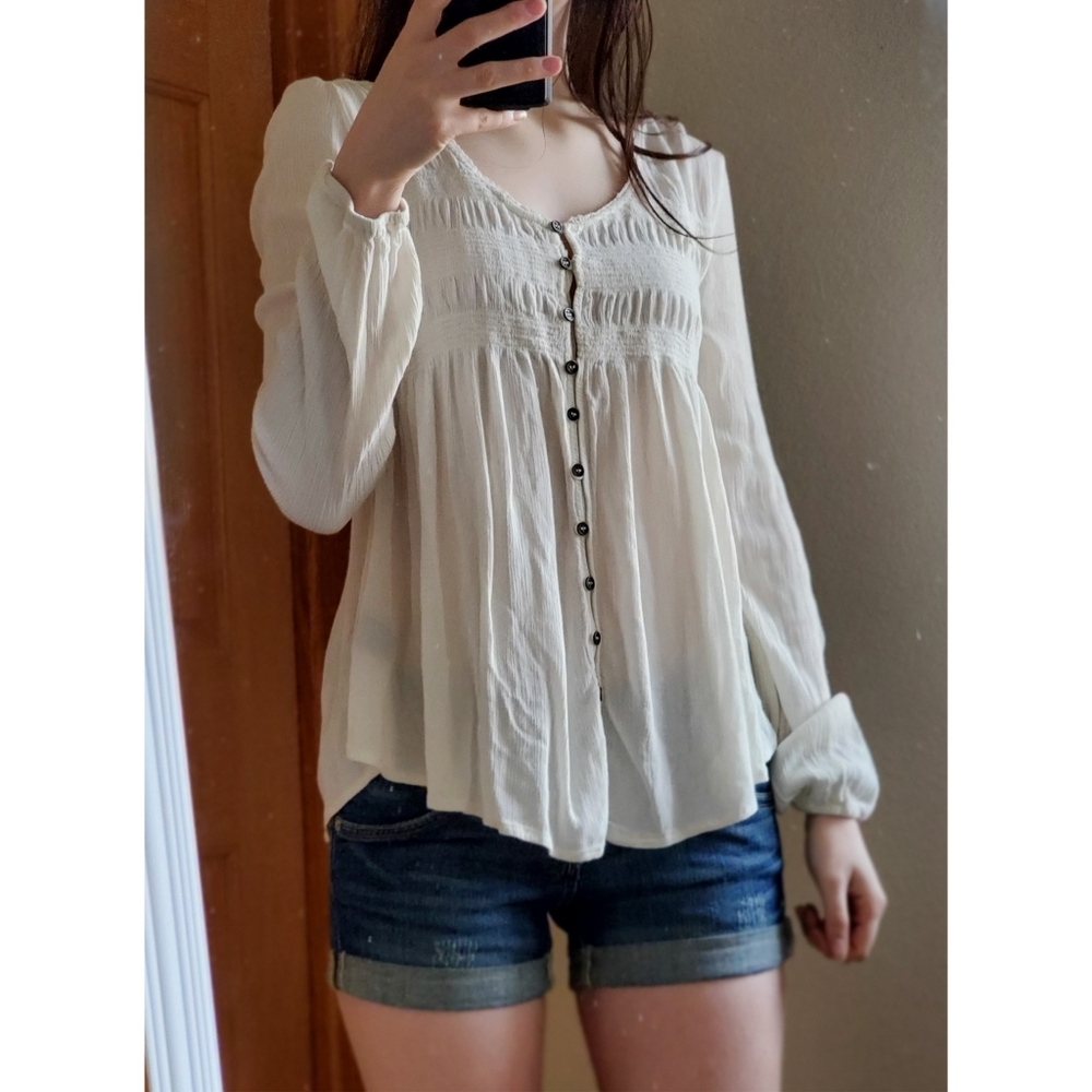 Flowy Long-Sleeve Peasant Top with Buttons